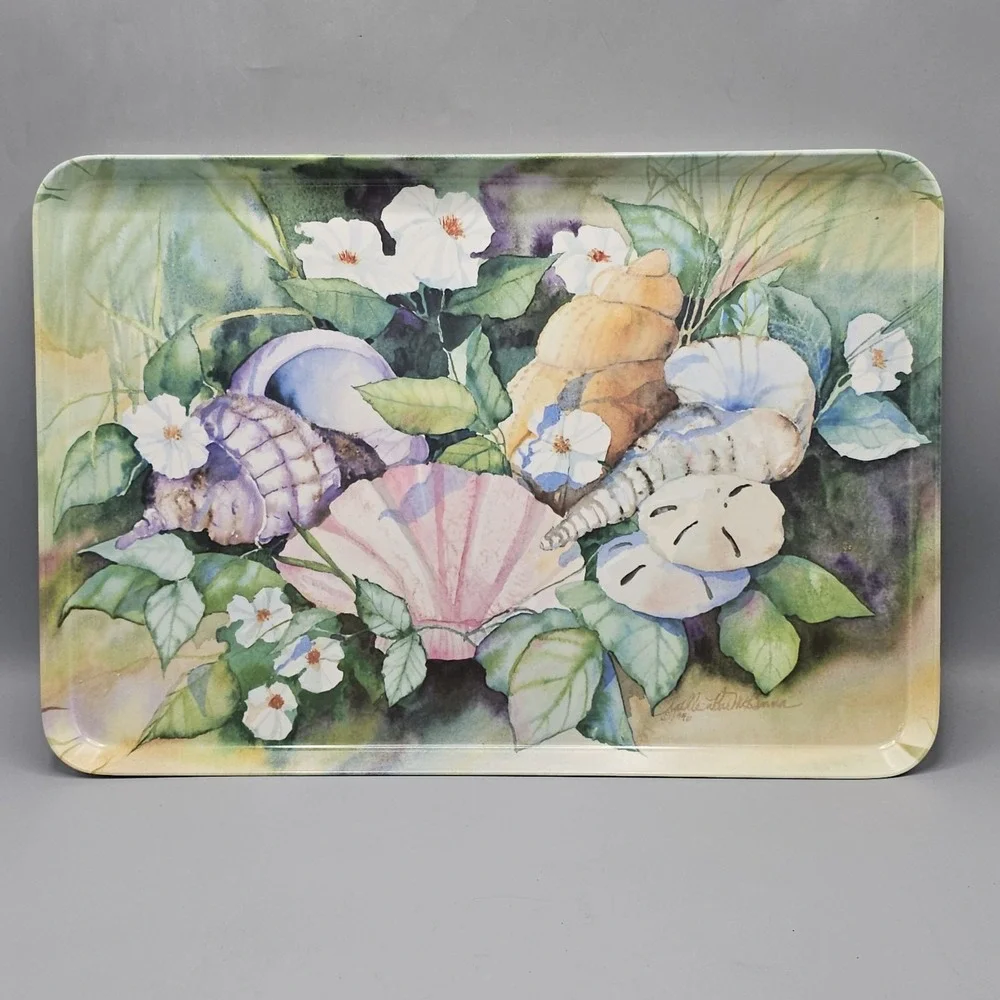 Vintage Melplus Melamine Floral Sea Shells Serving Tray 17.5X12 Made Italy